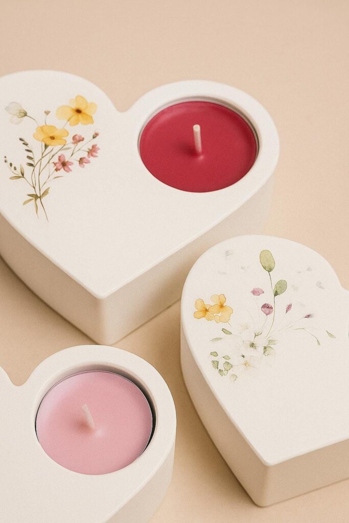 2 x Portavelas ARTESANY HOME de cemento blanco con forma de Corazón 100% artesanal